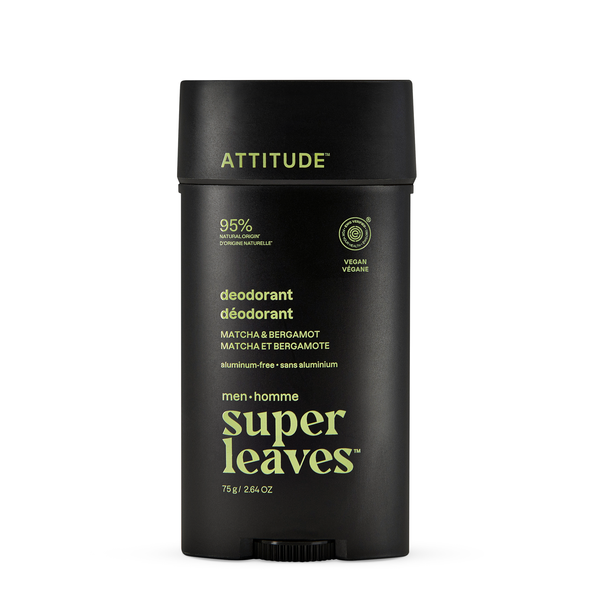 Attitude Men deodorant stick with matcha and bergamot scent, 75g, natural grooming product for fresh, clean feel