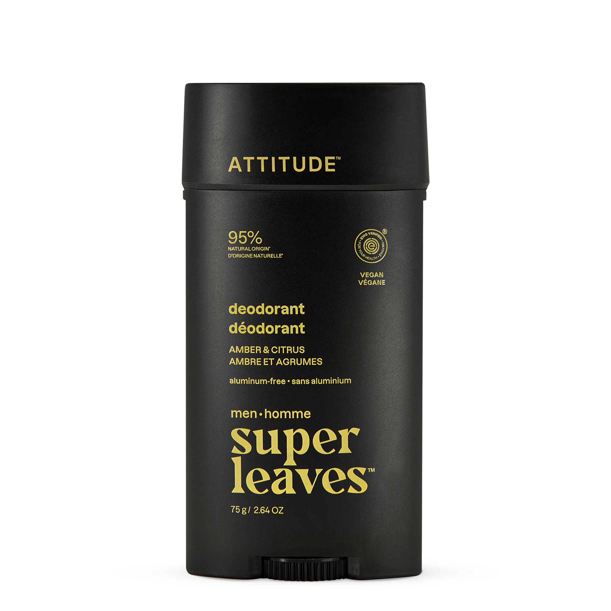 Attitude Men deodorant with amber and citrus scent, 75g, showing the stick form and packaging of the natural deodorant.