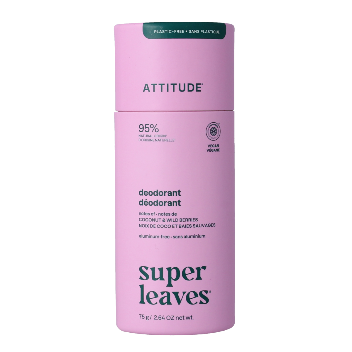 Attitude Deo Super Leaves coconut and wild berries deodorant stick, 75g, with fresh, natural scent and botanical ingredients.
