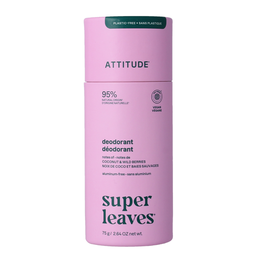 Attitude Deo Super Leaves coconut and wild berries deodorant stick, 75g, with fresh, natural scent and botanical ingredients.