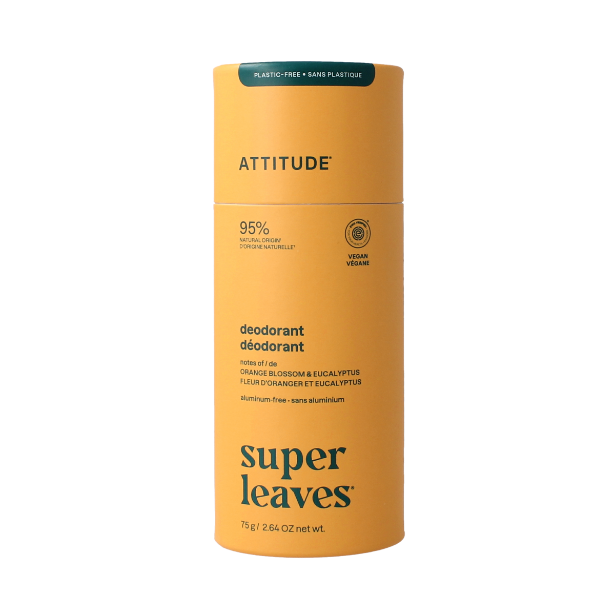 Attitude Deo super leaves deodorant with orange blossom and eucalyptus, 75g, featuring a fresh, botanical scent in a sleek container