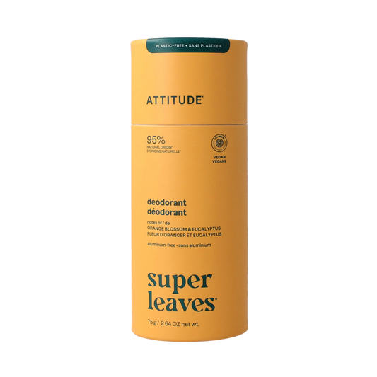 Attitude Deo super leaves deodorant with orange blossom and eucalyptus, 75g, featuring a fresh, botanical scent in a sleek container