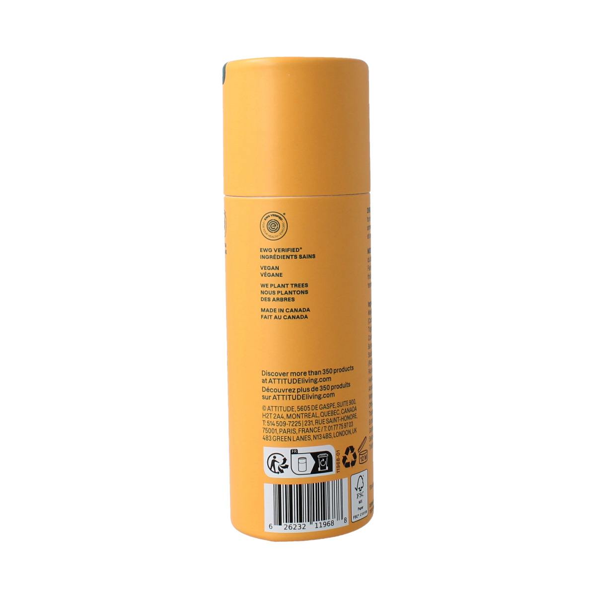 Attitude Deo super leaves deodorant with orange blossom and eucalyptus, 75g, in a sleek container with fresh botanical design.