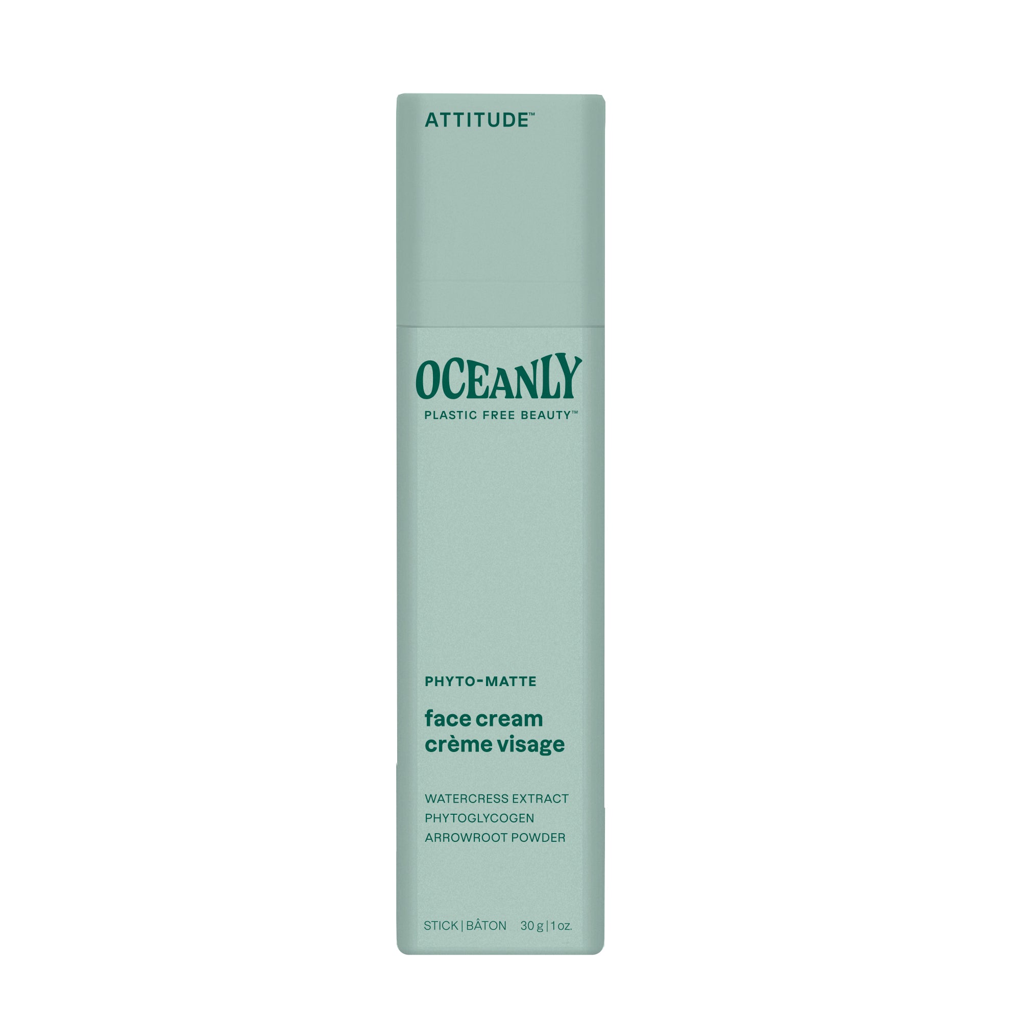 Attitude Oceanly phyto matte stick for facial care, 30g, in a sleek white container with a twist-up applicator.