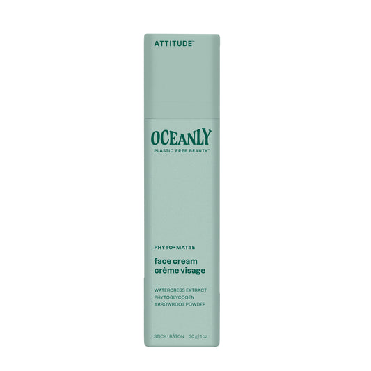 Attitude Oceanly phyto matte stick for facial care, 30g, in a sleek white container with a twist-up applicator.