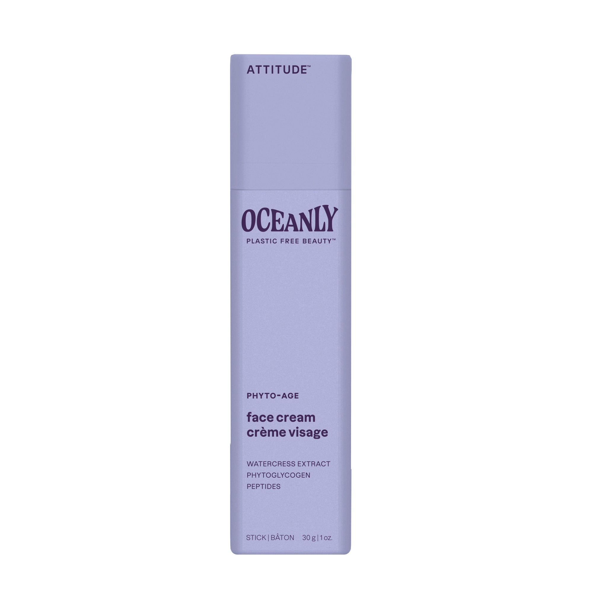 Attitude Oceanly phyto age gezichtsverzorging stick, 30g, showing the portable skincare stick with natural ingredients and branding.