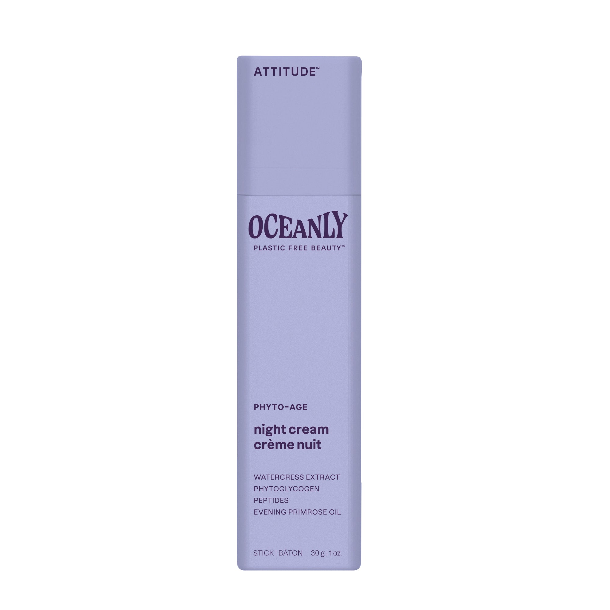 Attitude Oceanly phyto age nachtcreme stick, 30g, facial skincare product with a sleek white stick container on a neutral background.
