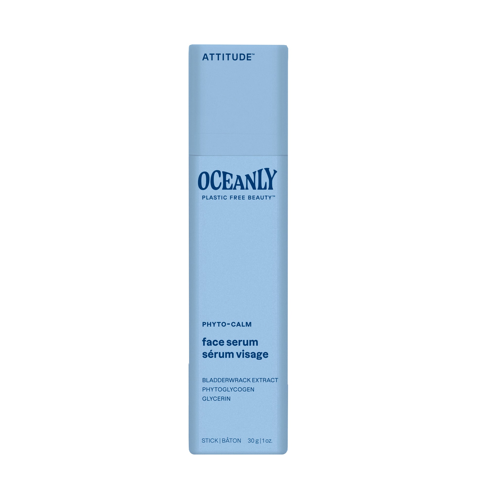 Attitude Oceanly phyto calm gezichtsserum stick in 30g, a soothing facial skincare product with natural ingredients.