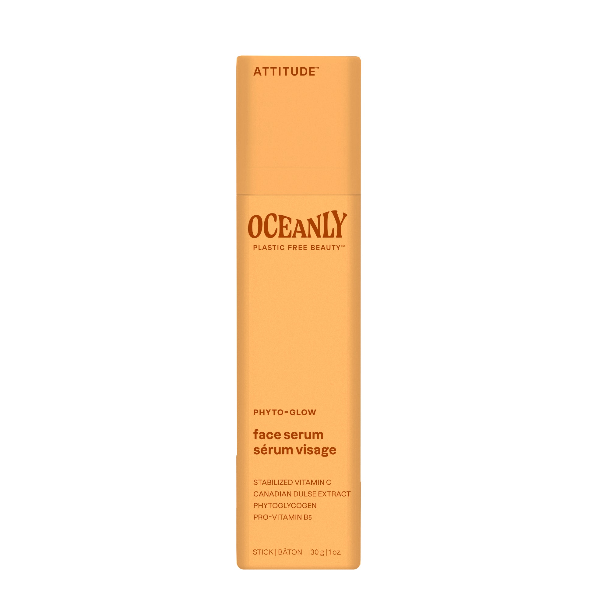 Attitude Oceanly phyto glow gezichtsserum stick 30g, natural skincare product with a sleek stick applicator for facial hydration.