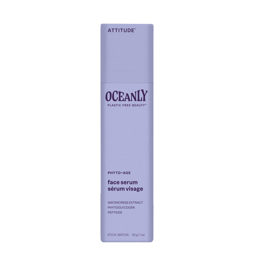 Attitude Oceanly phyto age gezichtsserum stick in a 30g container, natural skincare product for facial care, with eco-friendly packaging