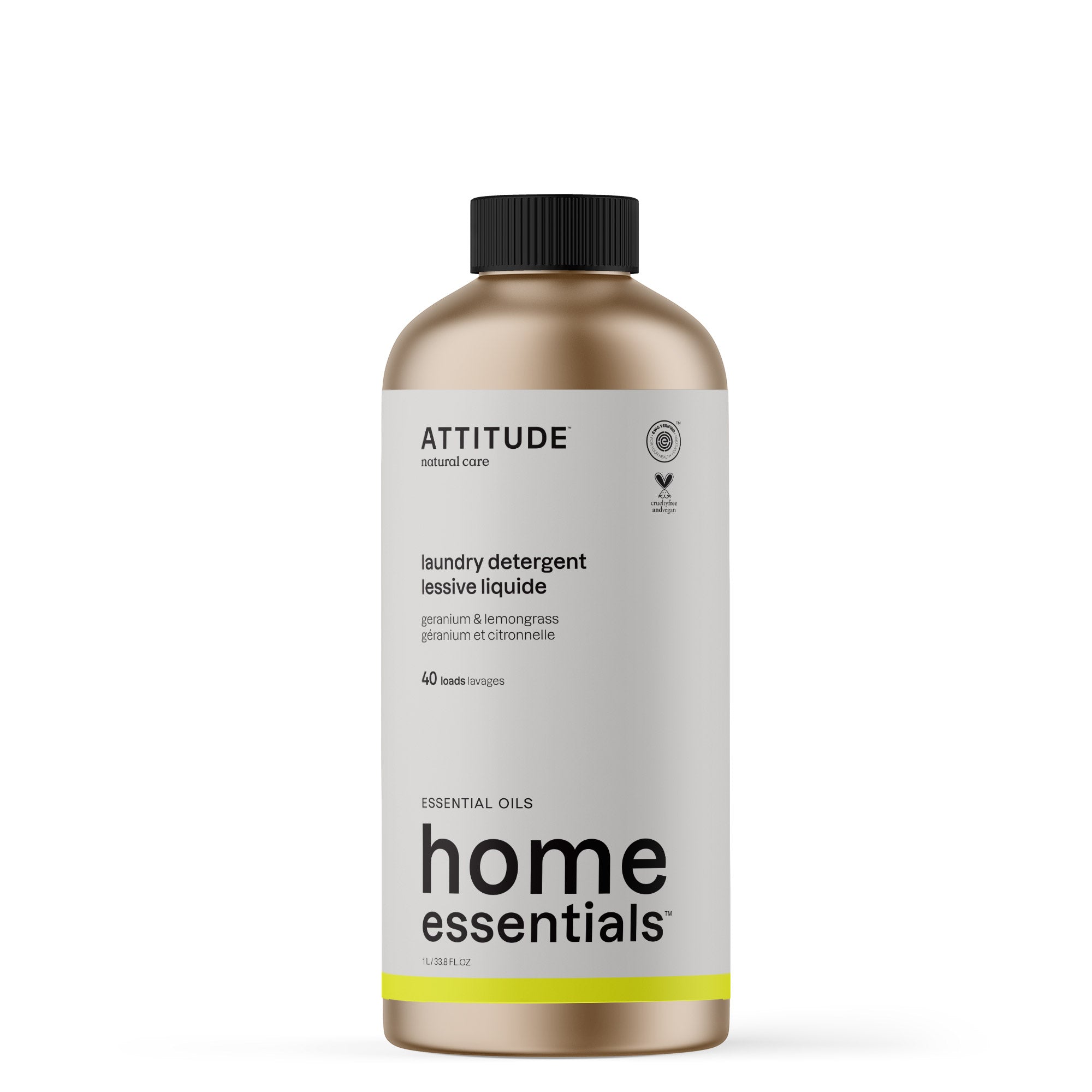 Attitude geranium and lemongrass laundry detergent in a 1-liter bottle, eco-friendly wasmiddel with fresh floral and citrus scent