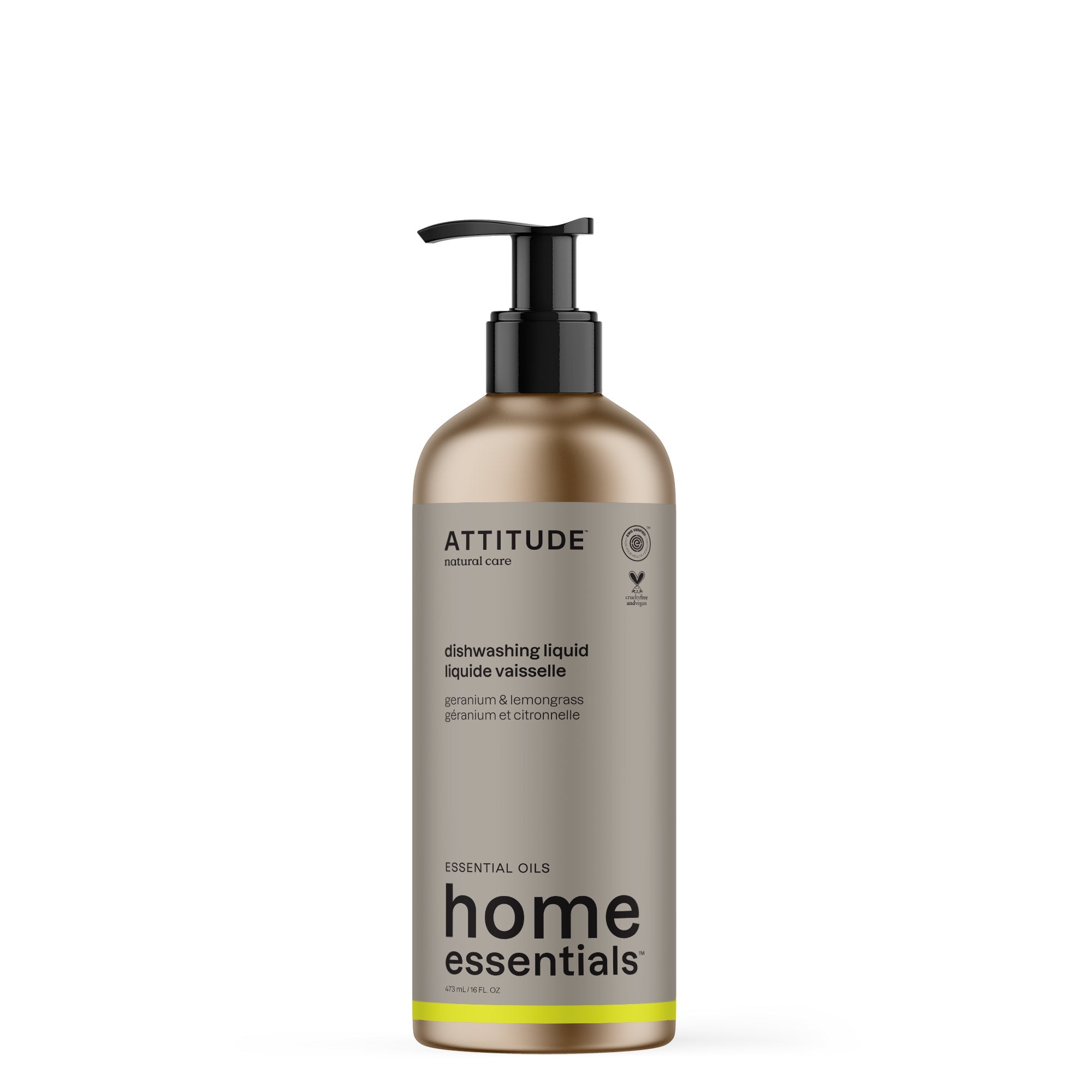 Attitude Afwasmiddel with geranium and lemongrass in a 473ml bottle, featuring a clear liquid with fresh herbal scent.