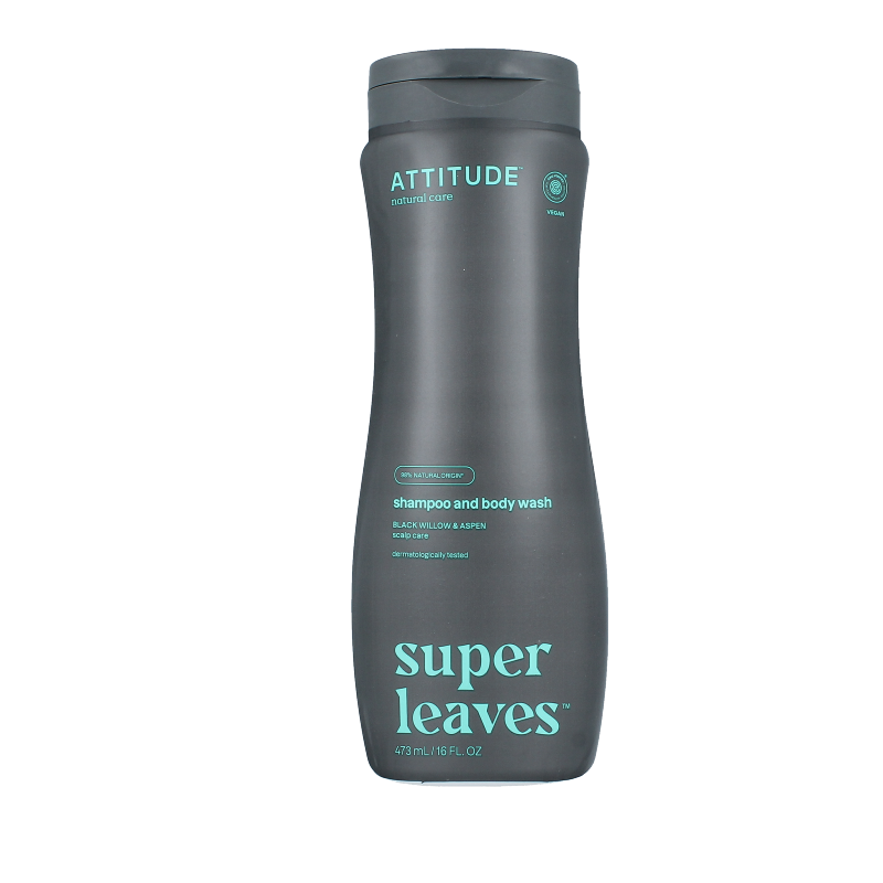 Attitude 2-in-1 shampoo and body wash with super leaves, 473ml, in a clear bottle with green leaves design.