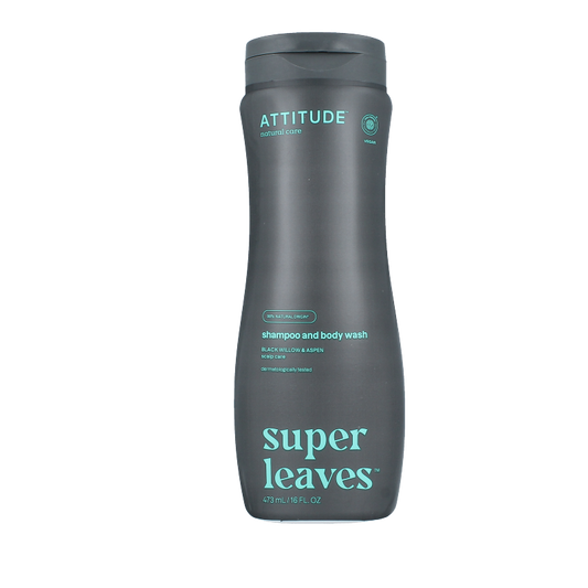 Attitude 2-in-1 shampoo and body wash with super leaves, 473ml, in a clear bottle with green leaves design.