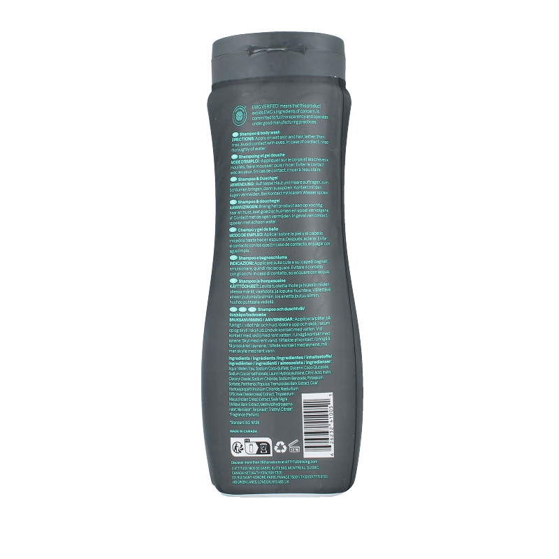 Attitude 2-in-1 shampoo and body wash with super leaves, 473ml, in a clear bottle with green leaves design.
