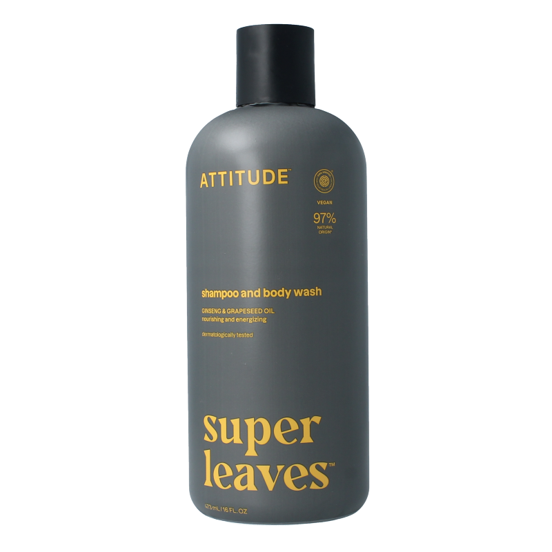 Attitude 2-in-1 Sport Leaves shampoo and body wash in 473ml bottle with green botanical label and pump dispenser.