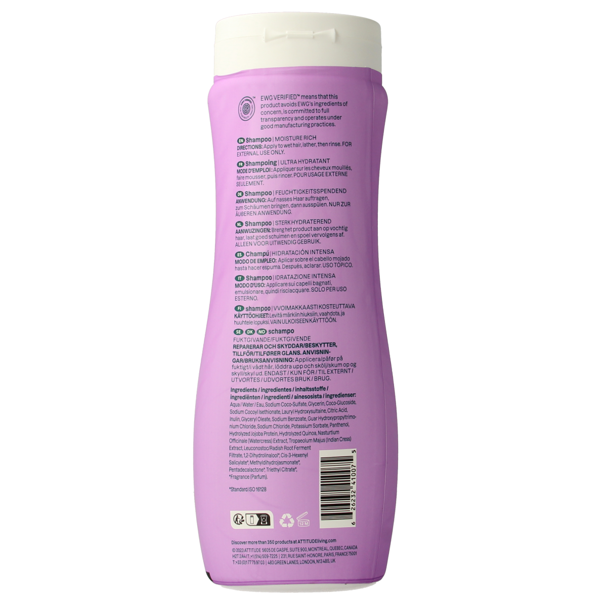 Attitude Attitude Shampoo Super Leaves Hydraterend bottle with green leaves on label, 473ml, for nourishing hair care.