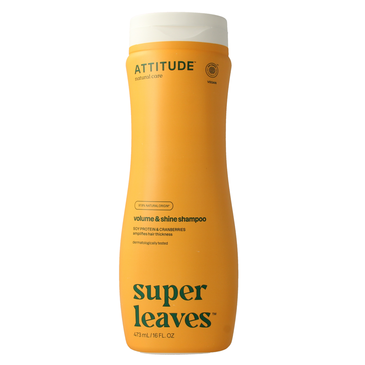 Attitude Shampoo Super Leaves for volume and shine, 473ml, in a clear bottle with a green leaf design on the label.