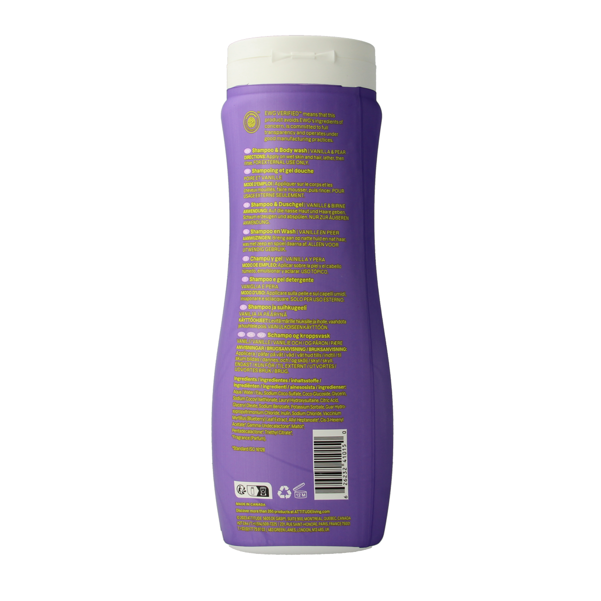 Attitude 2-in-1 Little Leaves Vanille shampoo and conditioner bottle, 473ml, for hair care and cleansing.