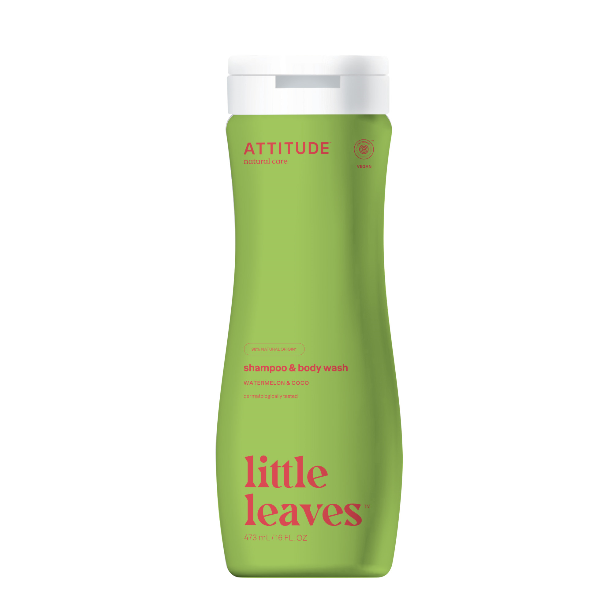 Attitude 2-in-1 shampoo with melon scent, 473ml, showing the bottle and fresh green leaves on the label.