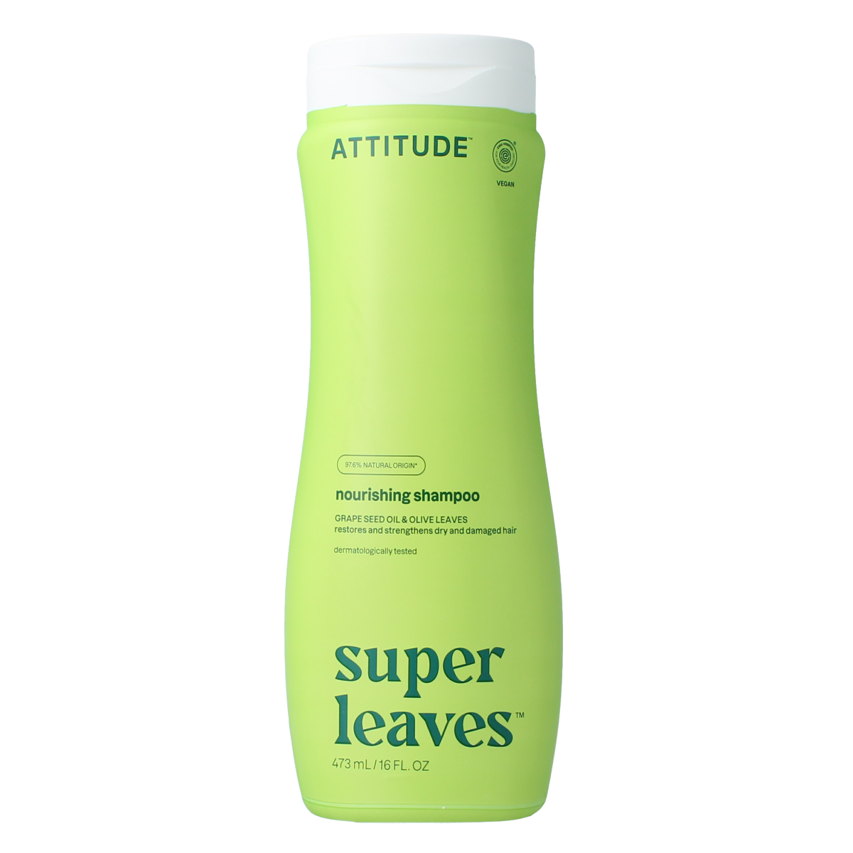 Attitude Shampoo Super Leaves nourishing hair care bottle with leafy design, 473ml, for healthy, well-conditioned hair.