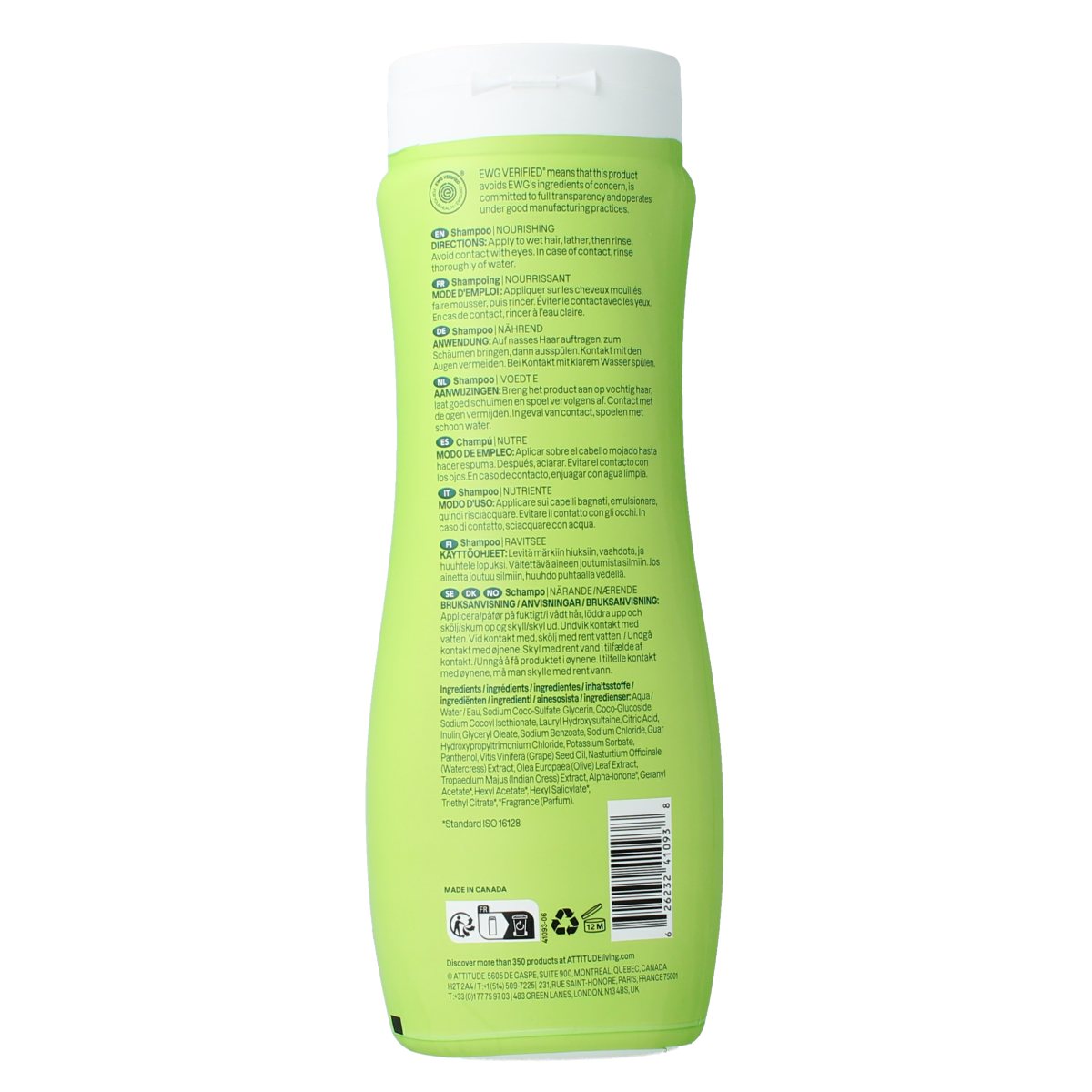 Attitude Super Leaves voedende shampoo with natural leaves, 473ml, for nourishing and caring hair care in a clear bottle.
