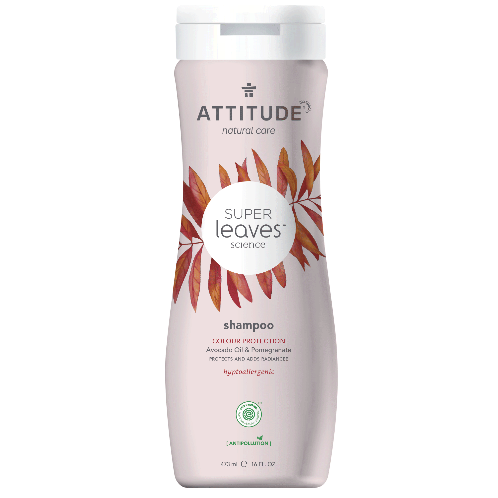 Attitude shampoo with super leaves for color protection, 473ml bottle, natural hair care product shown in the image.