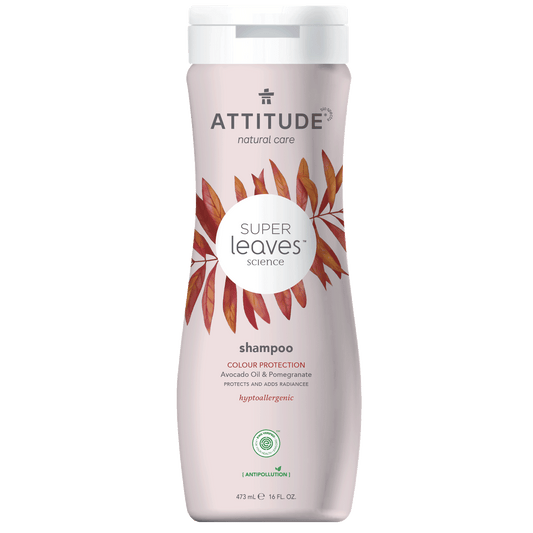 Attitude shampoo with super leaves for color protection, 473ml bottle, natural hair care product shown in the image.