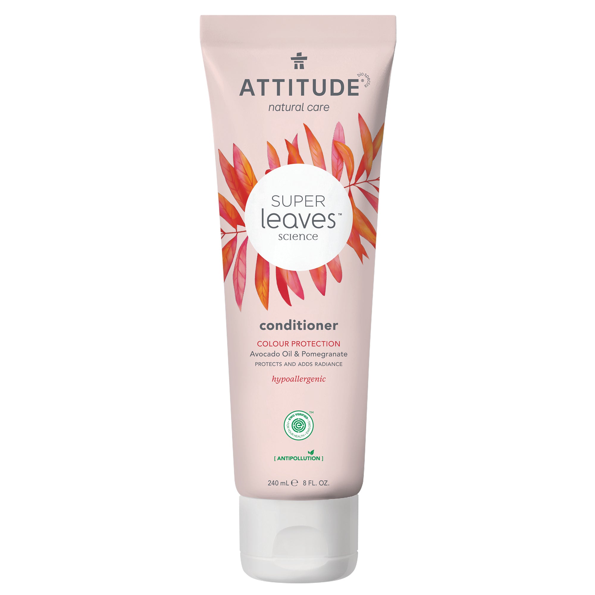 Attitude Super Leaves Conditioner for color protection, 240ml, in a pump bottle, with natural ingredients and green leaves on the label.