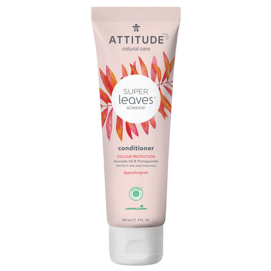Attitude Super Leaves Conditioner for color protection, 240ml, in a pump bottle, with natural ingredients and green leaves on the label.