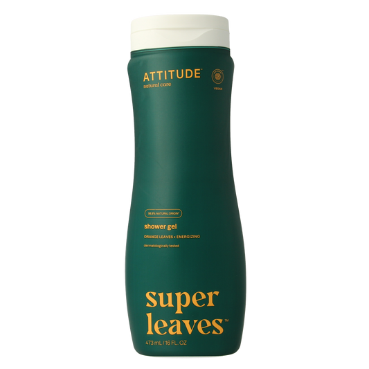 Attitude Super Leaves bodywash for stimulating cleanse, 473ml, showing the bottle with leaf design and refreshing label.