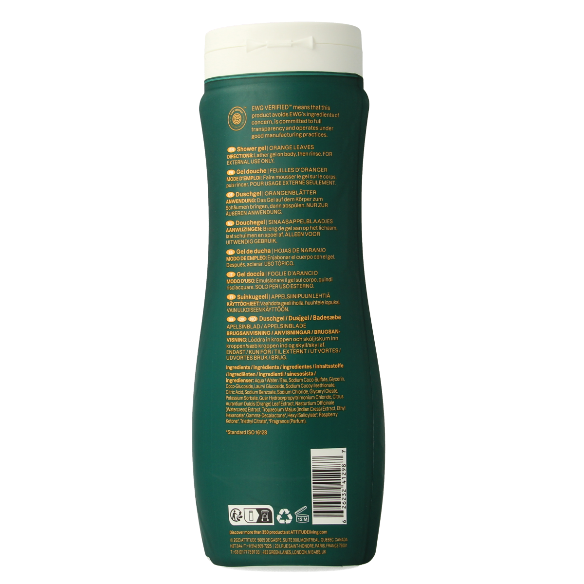 Attitude Bodywash Super Leaves, stimulating 473ml bottle for invigorating shower or bath experience, natural botanical scent.