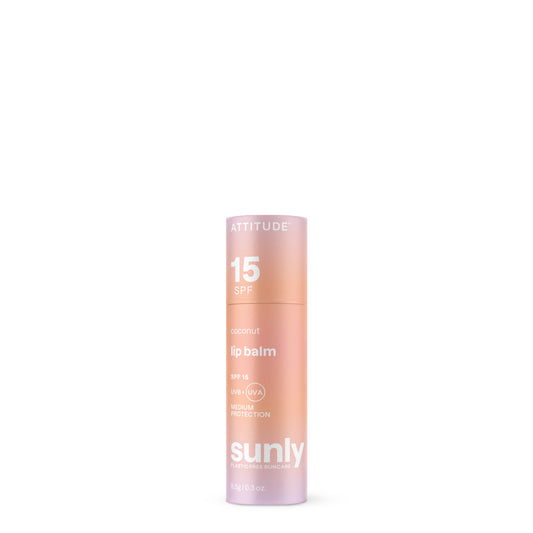 Attitude Sunly sun care lipstick in plastic-free packaging, SPF15, 8.5g, showing the biodegradable lipstick tube.