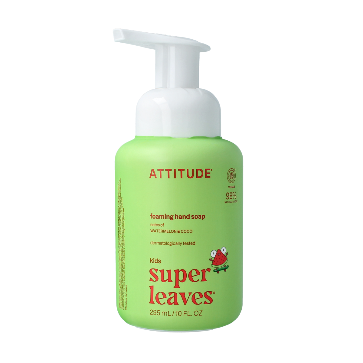 Attitude hand soap with little leaves watermelong and coconut scent, 295ml, featuring a colorful botanical design on the bottle