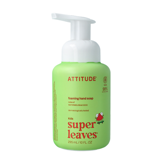 Attitude hand soap with little leaves watermelong and coconut scent, 295ml, featuring a colorful botanical design on the bottle
