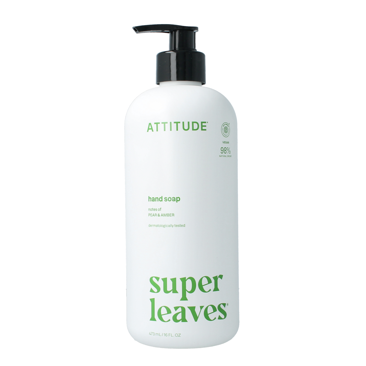 Attitude Super Leaves hand soap with pear and amber scent in a 473ml pump bottle, featuring fresh, natural leaf design.