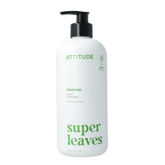 Attitude Super Leaves hand soap with pear and amber scent in a 473ml pump bottle, featuring fresh, natural leaf design.