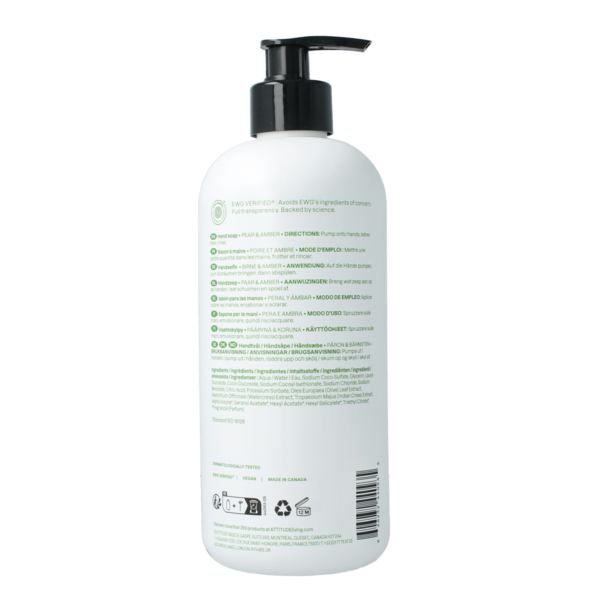 Attitude Super Leaves hand soap with pear and amber scent in a 473ml pump bottle, featuring a natural, leafy design.
