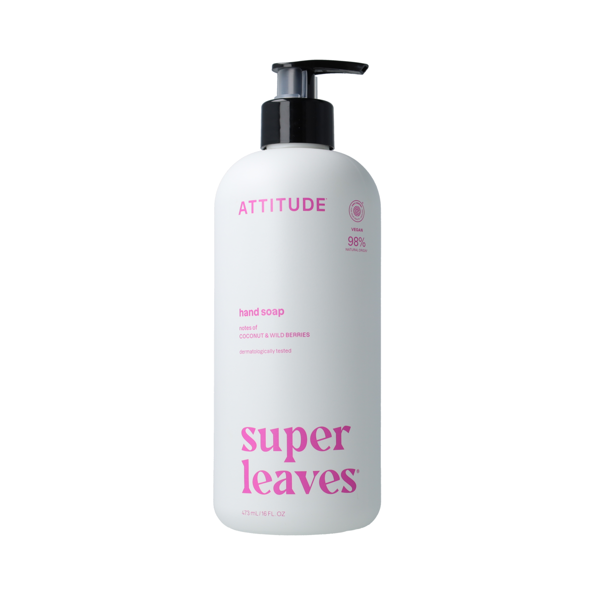 Attitude Super Leaves White Tea Hand Soap in 473ml bottle with white tea leaf design, moisturizing and gentle for hands.