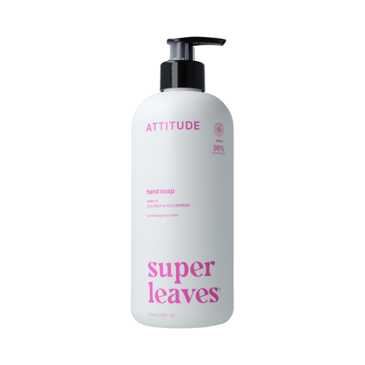 Attitude Super Leaves White Tea Hand Soap in 473ml bottle with white tea leaf design, moisturizing and gentle for hands.