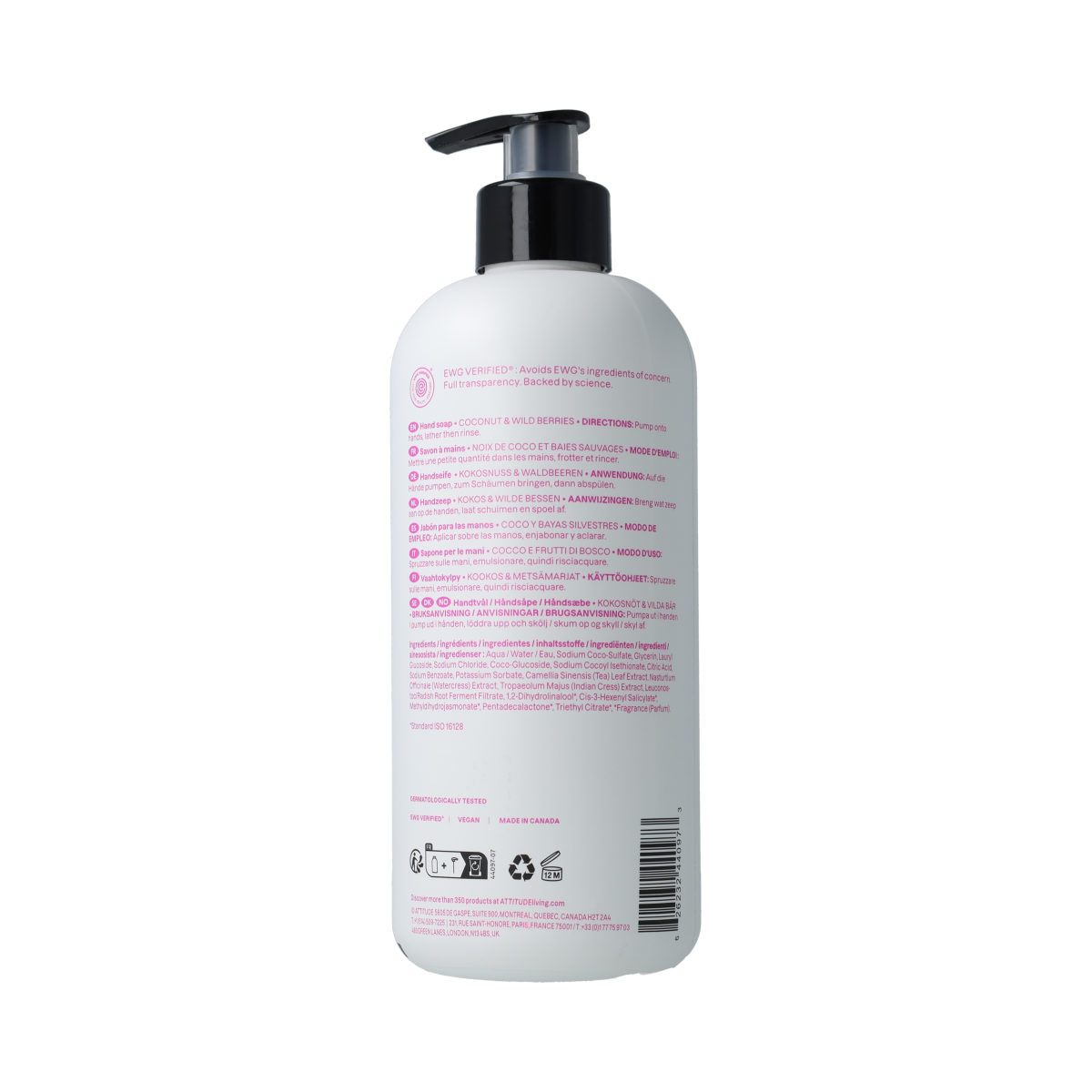 Attitude Super Leaves White Tea Hand Soap in 473ml bottle with white tea leaf design on the label.