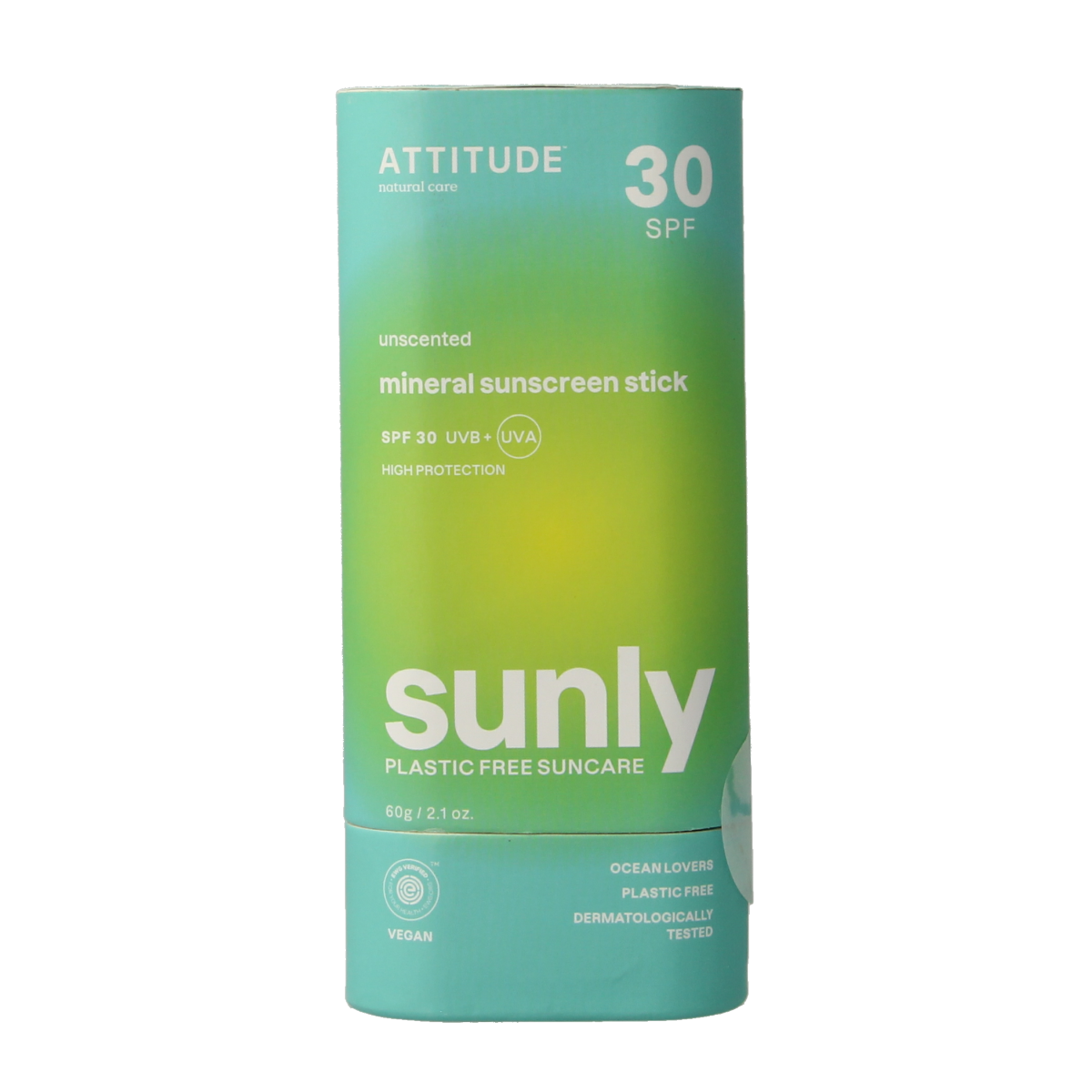 Attitude Sunly SPF30 parfumvrij zonnebrandstick, 60g, with a smooth stick application and natural sun protection.