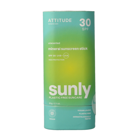 Attitude Sunly SPF30 parfumvrij zonnebrandstick, 60g, with a smooth stick application and natural sun protection.