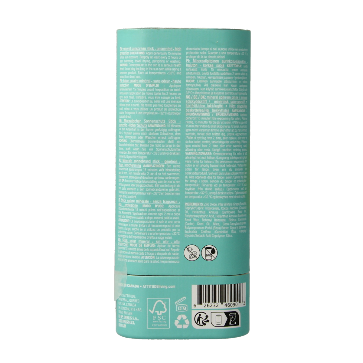 Attitude Sunly zonnebrandstick SPF30 parfumvrij, 60g, natural sunscreen stick with sun protection for face and body.