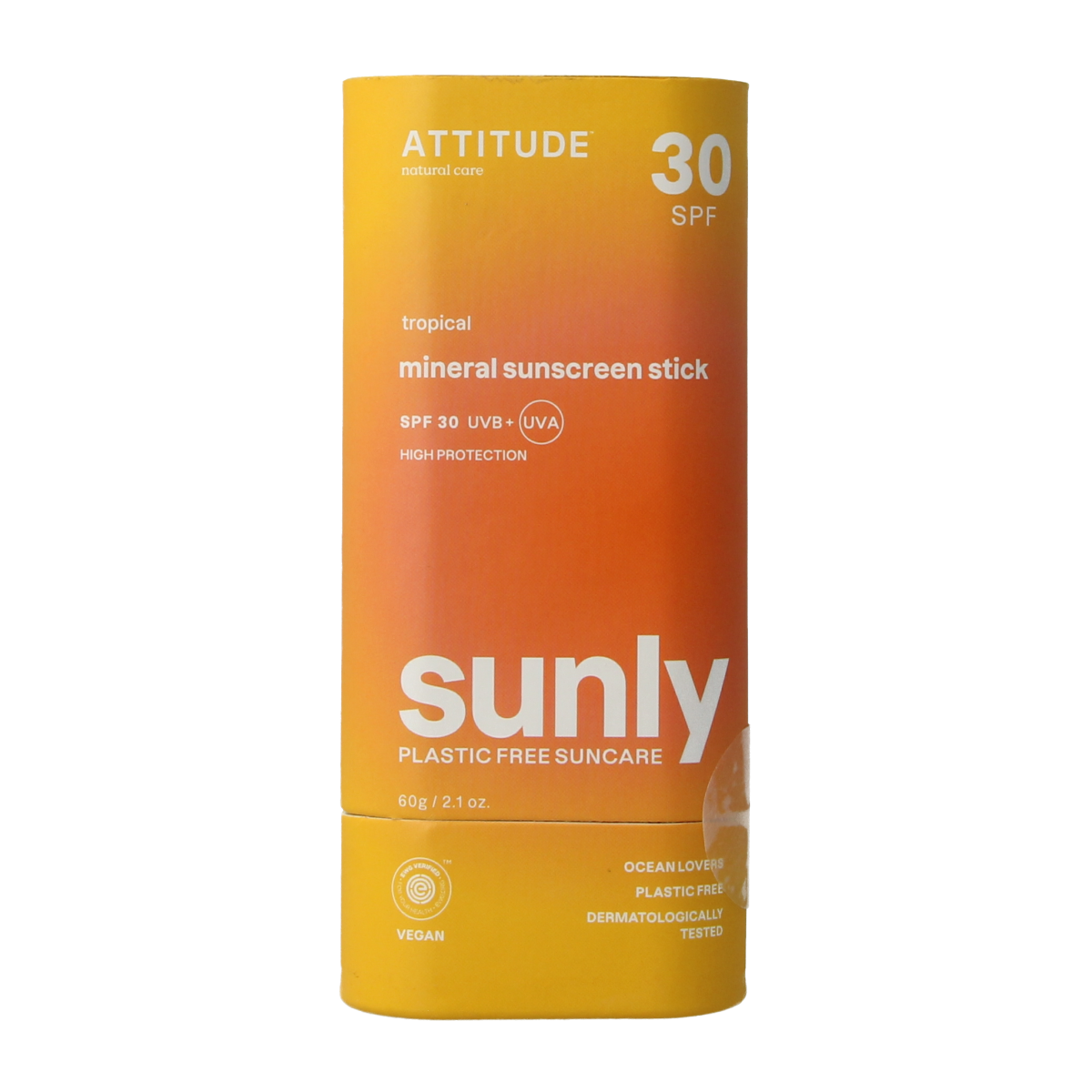 Attitude Sunly zonnebrandstick SPF30 tropisch, 60g, with tropical scent and sun protection for face and body.