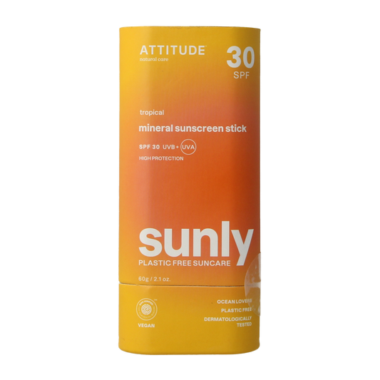 Attitude Sunly zonnebrandstick SPF30 tropisch, 60g, with tropical scent and sun protection for face and body.