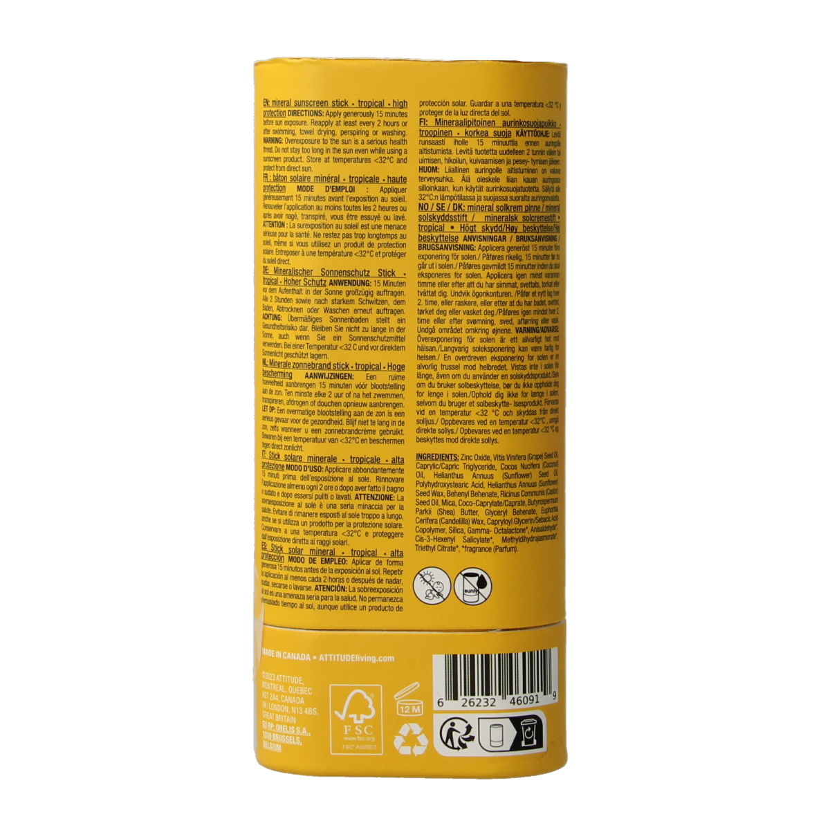 Attitude Sunly SPF30 tropical sunscreen stick in 60g, with a smooth, eco-friendly packaging and tropical-themed design.