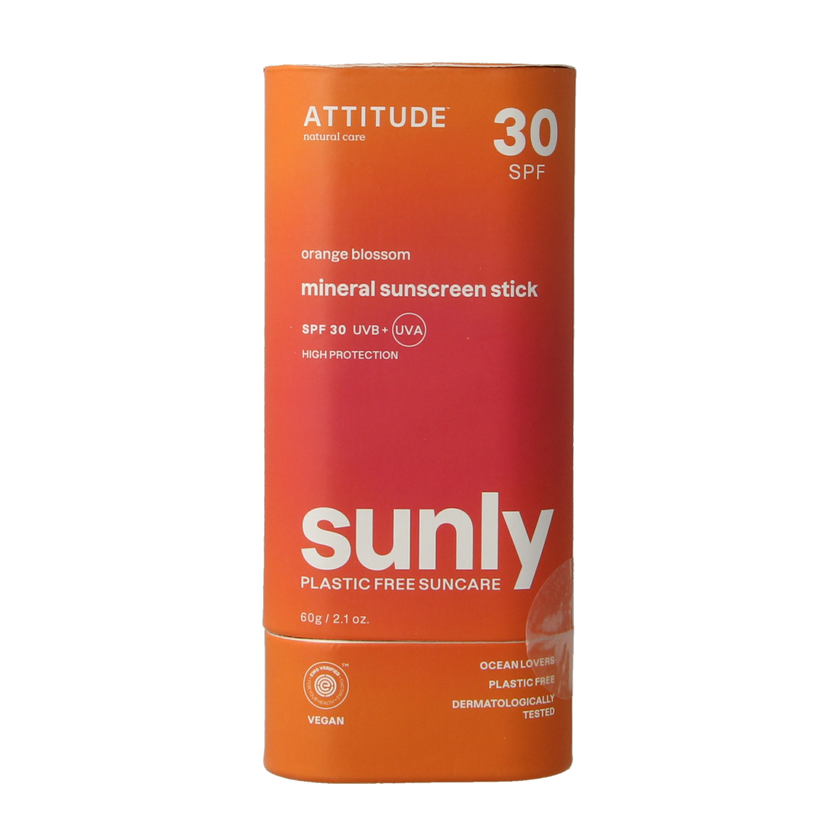 Attitude Sunly zonnebrandstick SPF30 with oranjebloesem scent, 60g, showing the stick and packaging details.