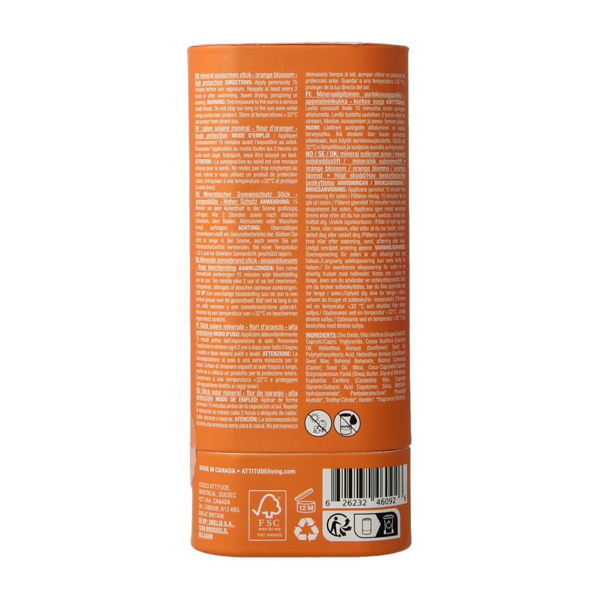 Attitude Sunly SPF30 zonnebrandstick with oranjebloesem scent, 60g, showing the stick with orange blossom fragrance.