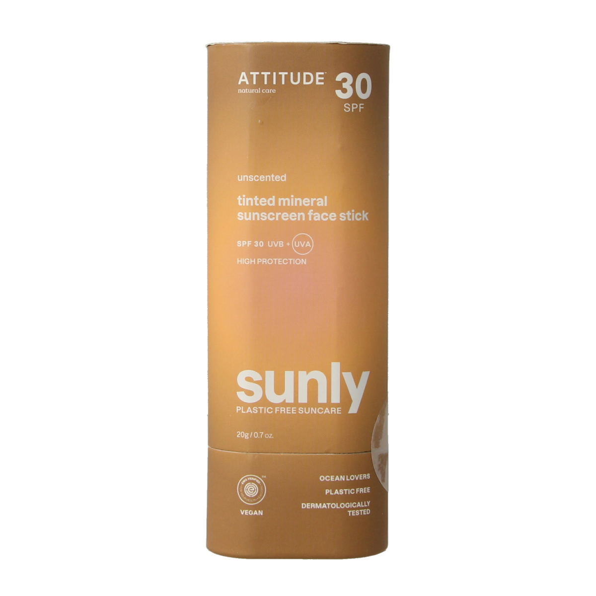 Attitude Sunly SPF30 tinted face sunscreen stick, 20g, with a twist-up applicator and light tinted formula for face protection.